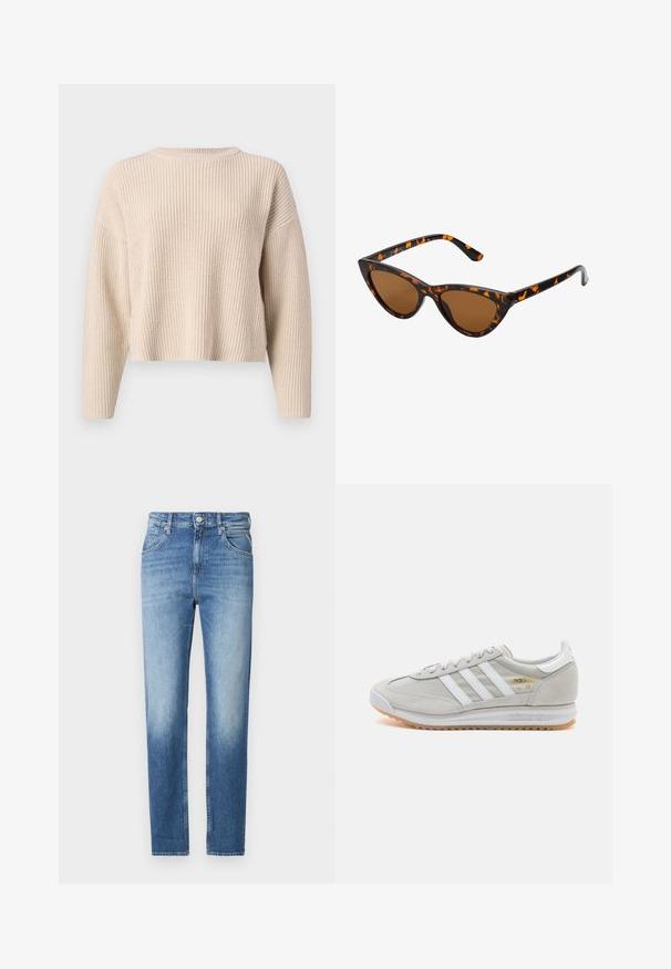 Beige gestrickter Pullover mit Rundhalsausschnitt, langen Ärmeln und lockerer Passform. Mit geripptem Muster und kurzem Saum.; Hellblaue Denim-Jeans mit geradem Schnitt, verwaschenem Look, fünf Taschen und einem Knopfverschluss an der Taille. Auffälliges Steppdetail.; Hellgraue Sneaker aus Wildleder und Mesh, mit drei weißen Streifen, runder Zehenpartie und einer Sohle aus Gummi. Goldenes Logo-Detail nahe der Schnürsenkel.; Katzenaugen-Sonnenbrille mit einem schwarz-orangenen Schildpattrahmen, braunen Gläsern und schlanken, spitzen Enden. Verfügt über ein minimalistisches Logo am Bügel.