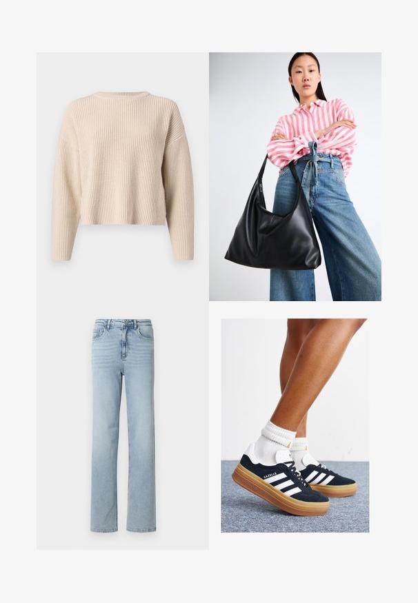 Maglione beige lavorato a maglia con scollo rotondo, maniche lunghe e vestibilità comoda. Presenta una texture a costine e un orlo accorciato.; Jeans in denim azzurro chiaro con taglio dritto, design classico a cinque tasche e chiusura con bottone e zip in vita.; Sneakers in pelle scamosciata nera con strisce e dettagli bianchi, punta arrotondata, suola in gomma color gomme, abbinate a calzini bianchi a coste alla caviglia.; Borsa a spalla in pelle nera con una forma morbida e dettagli sulle cuciture. Il modello indossa una camicia a righe rosa e bianche con jeans a gamba larga blu.; Orecchini a cerchio dorati, quattro pezzi, finitura liscia, design arrotondato, di diverse dimensioni, con chiusura a cerniera per un facile utilizzo.