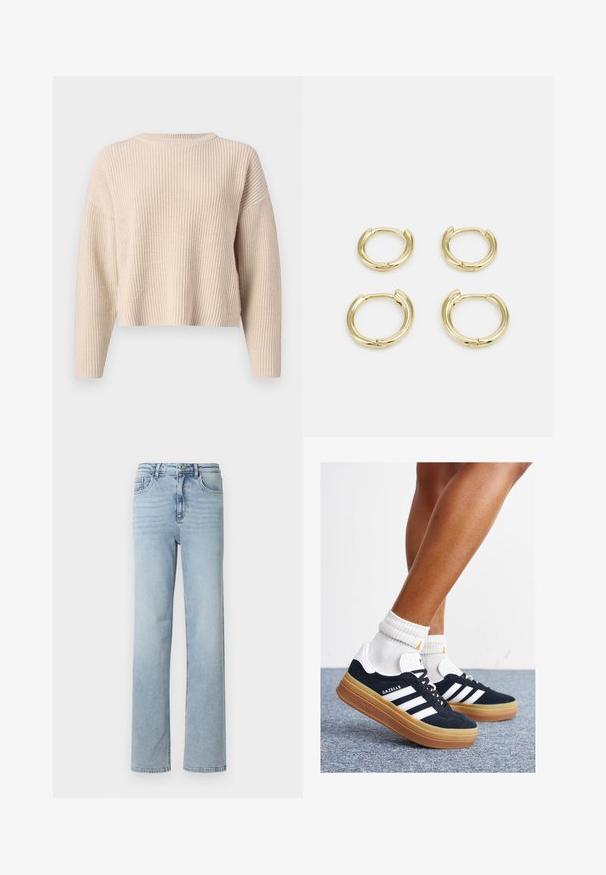Beige strikket sweater med rund halsudskæring, lange ærmer og en afslappet pasform. Har ribbet struktur og en cropped kant.; Lyseblå denimjeans med lige ben, klassisk fem-lomme design og knap- og lynlåslukning i taljen.; Sorte sneakers i ruskind med hvide striber og detaljer, rundet tå, ydersål i gummi, kombineret med hvide ribstrikkede crew sokker.; Guldøreringe, fire stykker, glat overflade, afrundet design, varierende størrelser, med hængselklips for nem påklædning.