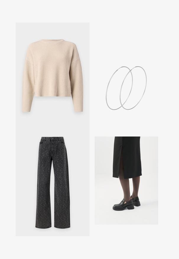 Beige knitted sweater with a crew neckline, long sleeves, and a relaxed fit. Features ribbed texture and a cropped hem.; Noisy May NMJANNEL LOOSE - Relaxed fit jeans - black denim; Black leather shoes with a rounded toe, thick block heel, and elastic side accents, paired with dark tights and a black skirt with a slit.; Silver hoop earrings with a minimalist design. Circular shape, smooth texture, and thin profile. Lightweight with a polished finish.