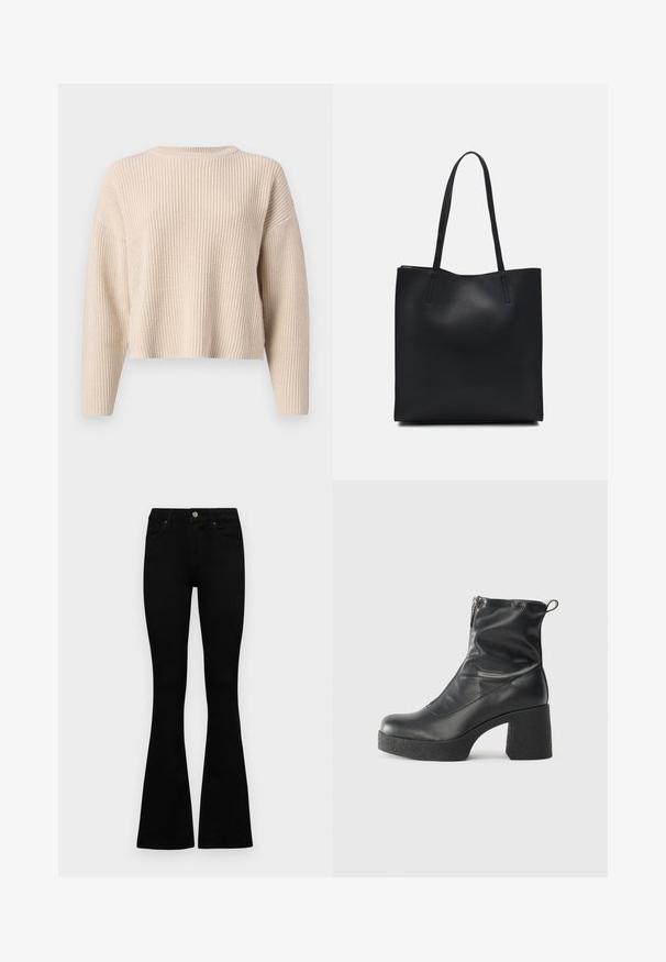 Pull en tricot beige avec un col rond, des manches longues et une coupe décontractée. Présente une texture côtelée et un ourlet court.; Jean noir taille haute avec fermeture à bouton et à zip, poches avant et jambes évasées, posés à plat sur un fond blanc.; Bottes noires à la cheville en cuir lisse, dotées d'une fermeture éclair sur le côté, d'un talon épais texturé et d'une conception à bout rond.; Sac fourre-tout en cuir noir avec une texture lisse, de forme rectangulaire et deux longues poignées. Pas de matériel ou d'ornementations visibles.