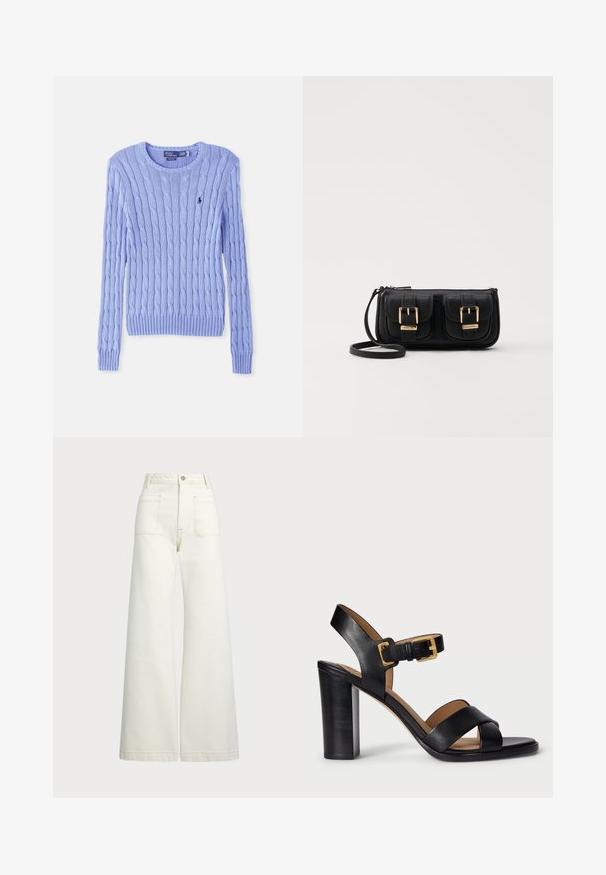 Világoskék, kötött pulóver, fonott mintával, bordás mandzsettákkal és szegéllyel. Kicsi logóval a mellrészen. Klasszikus, kerek nyakkivágás.; Széles szárú farmernadrág off-white denim anyagból. Magas derekú dizájn, gombos záródással, két elülső zsebbel és kontrasztos varrási részletekkel.; Fekete bőr, magas sarkú szandál, keresztbe futó pánttal és csattal. Jellemzője a vastag sarok és a sima textúra.; Fekete bőr keresztbody táska két elülső zsebbel, arany csattokkal, cipzáras záródással és vékony pánttal. Textúrált felület és kompakt téglalap alak.