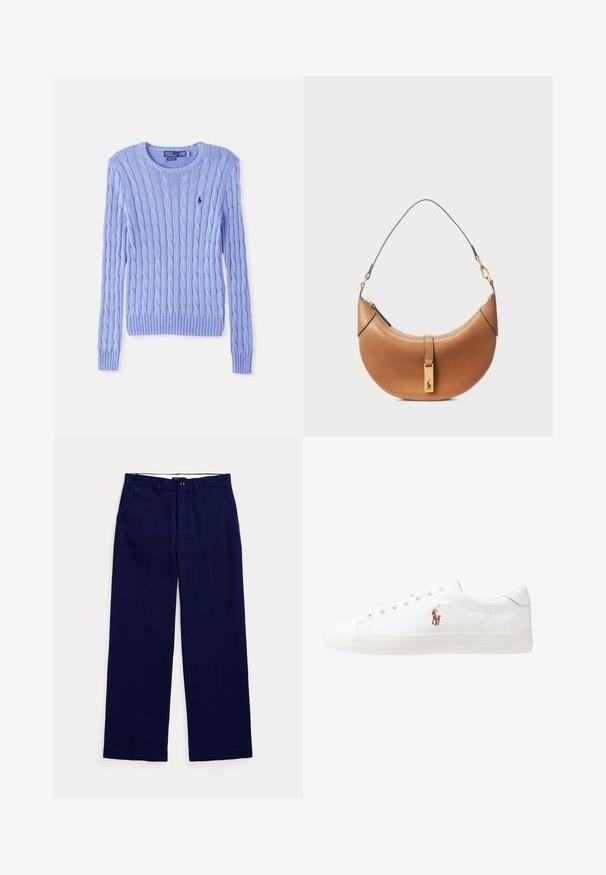 Suéter de malha azul claro com padrão de cabos, punhos e bainha canelados. Apresenta um pequeno logótipo no peito. Decote redondo clássico.; Calças de perna reta em azul-marinho, com passantes para cinto, fecho com botão e bolsos laterais, em um fundo claro liso.; Sapatilhas de couro brancas, design de cano baixo, com textura suave, biqueira redonda, atacadores à frente e um pequeno logótipo bordado na lateral.; Bolsa de couro castanho-claro com um formato curvado, detalhes em ouro e uma alça de ombro fina. Apresenta um fecho de zipper e um detalhe de logótipo na parte frontal.