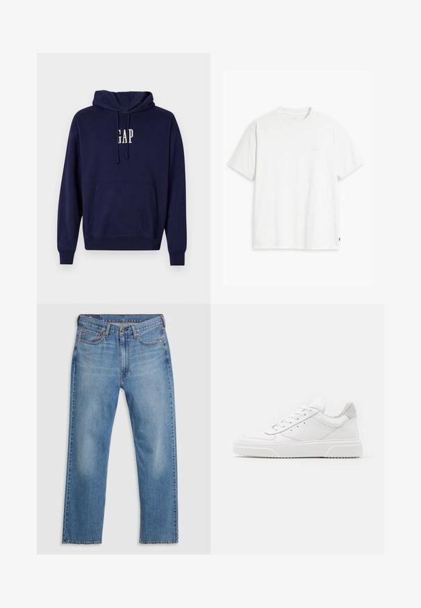 GAP LOGO - Melegítőfelső - navy; Fehér pamut rövid ujjú póló, kerek nyakkivágással és egy finom, világos színű "Levi's" logóval az elején.; Kék egyenes szárú farmernadrág elöl gombbal és cipzárral záródik, övhurkokkal és öt zsebes dizájnnal, fehér háttéren.; Fehér bőr sportcipő sima felülettel, kerek orral, lapos fűzőkkel és textúrált talppal. Szürke velúr díszítés a saroknál.