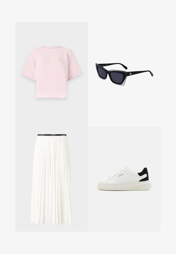 Ljusrosa kortärmad topp i texturerad tyg, med rund halsringning och en liten rektangulär logo på bröstet.; Fälld vit kjol med svart elastiskt midjeband som har "LACOSTE"-logotypen. Mittenlång design med mjuk textur.; Vita lädersneakers med en tjock vit sula, svartsuede hälaccent och präglad logotyp på sidan. Snörningsdesign med sex öglor.; Svart överdimensionerade solglasögon med geometrisk form, med mörka linser och en kontrasterande grå detalj på ramen. Logotyp på bygeln.
