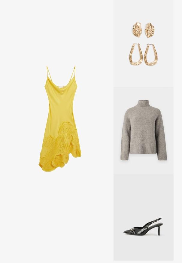 Světle šedý rolák vyrobený z měkké, strukturované tkaniny. Má žebrované manžety a lem, uvolněný střih a minimalistický design.; Žluté bezramínkové šaty s volným designem, s texturovanou květinovou aplikací na spodním lemu, vyrobené z hladké látky.; Černá lakovaná slingback obuv s špičatou špičkou, kotníkovými pásky s kovovými sponami a příslušenstvím, a štíhlým podpatkem.; Náušnice ve zlatém tónu s texturovanými, vlnitými tvary. Obsahují sochařské klipy a design otevřeného kruhu s kladivkovým povrchem.