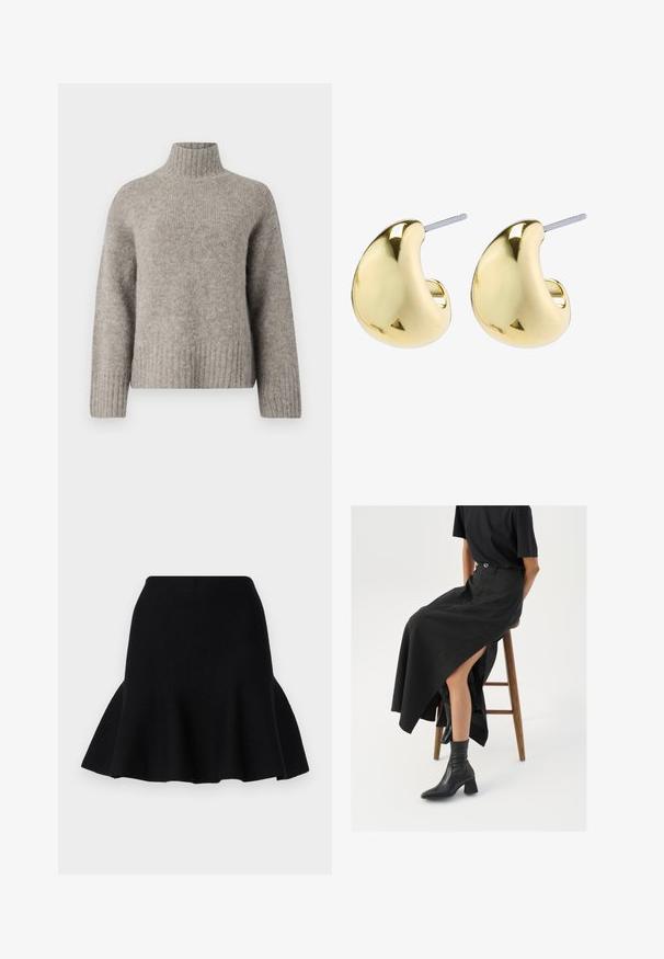 Maglione a collo alto grigio chiaro realizzato in un morbido tessuto testurizzato. Presenta polsini e orlo a coste, con una vestibilità comoda e un design minimal.; Gonna nera svasata realizzata in tessuto morbido. Presenta una vita adatta e un orlo ondulato, creando un aspetto a strati.; Gonna maxi in lino nera con uno spacco alto, indossata con una t-shirt nera e stivaletti neri. Design minimalista con una vestibilità rilassata.; Orecchini color oro con una forma liscia e arrotondata, caratterizzati da una superficie riflettente e una chiusura a perno per un indossamento sicuro.