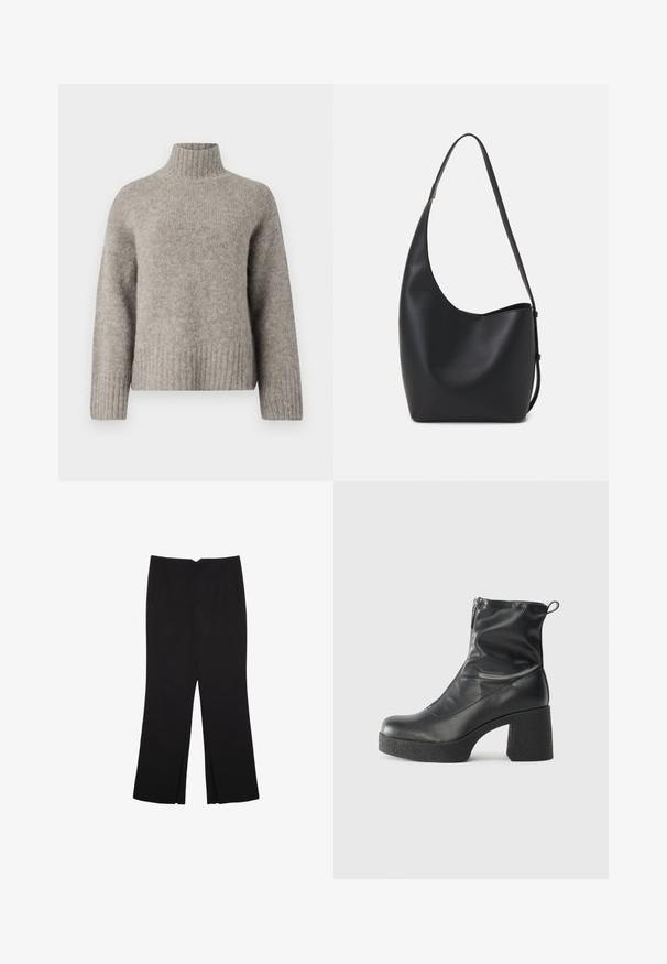 Světle šedý rolák vyrobený z měkké, strukturované tkaniny. Má žebrované manžety a lem, uvolněný střih a minimalistický design.; Černé kalhoty s rovným střihem, s předními kapsami a bočními rozparky na lemu. Vyrobené z jemné, hladké tkaniny. Vhodné na různé příležitosti.; Černé kotníkové boty vyrobené z hladké kůže, s bočním zipem, robustním strukturovaným podpatkem a kulatou špičkou.; Černá kožená hobo taška s hladkým povrchem, zakřiveným tvarem a jedním nastavitelným popruhem; má široké otevírání nahoře.