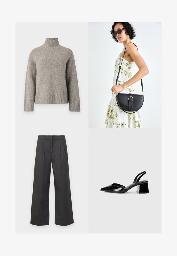 Hellgrauer Rollkragensweater aus weichem, strukturiertem Stoff. Verfügt über gerippte Bündchen und Saum, mit lockerer Passform und minimalistischem Design.; Schwarzfarbene weit geschnittene Hose aus Stoff mit hoher Taille, vorderer Bügelfalte und dezenten Taschen. Glatte Textur mit sauberem Finish.; Schwarze Lackleder-Slingback-High Heels mit spitzem Schuh und einem geometrischen Blockabsatz. Verfügt über ein schlankes, minimalistisches Design und eine glatte Textur.; Schwarze Lederhandtasche mit geschwungener Form, abnehmbarem Tragegurt und goldenen Beschlägen. Die Tasche verfügt über einen Deckel mit einer Schnallen-Details.