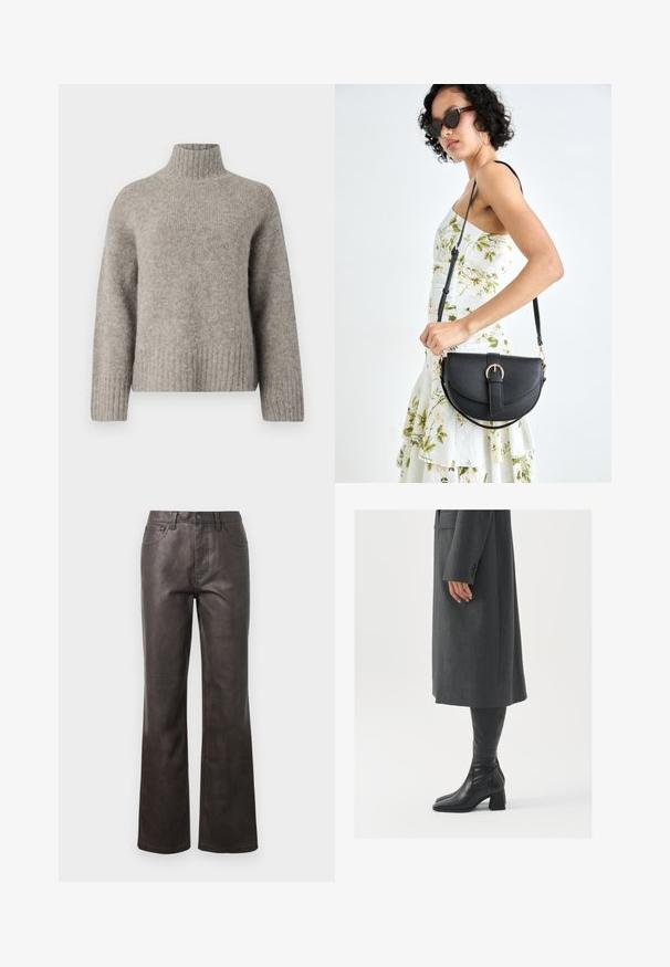 Pulôver de gola alta cinza claro feito de um tecido suave e texturizado. Apresenta punhos e barra canelados, com um corte relaxado e um design minimalista.; Calças de couro castanho com cintura alta, design de perna reta, costuras visíveis e cinco bolsos. Textura suave, brilho minimalista.; Casaco cinza, ajustado, com corte reto; combinado com botas de couro pretas até ao joelho, com biqueira quadrada e salto grosso.; Bolsa de couro preta com forma curva, alça destacável e detalhes em dourado. A bolsa possui uma aba com detalhe de fivela.