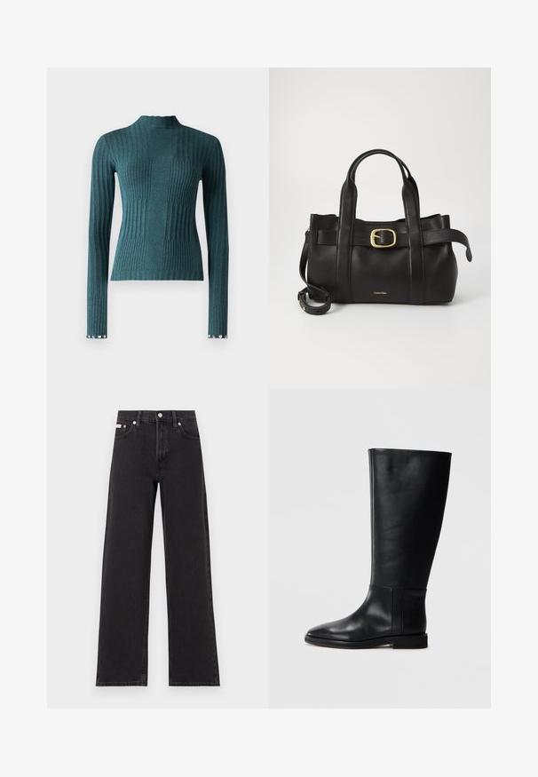 Patrizia Pepe Camisola - mineral green; Jeans de perna larga pretos feitos de denim, apresentando uma cintura alta, estilo de cinco bolsos e um fecho em botão de metal com costura contrastante.; Bota de couro preta até ao joelho com bico redondo, textura suave, design minimalista e sola plana. Detalhes de costura simples no cano.; Bolsa de couro preto com um design estruturado, alças superiores duplas, detalhe de fivela em tom dourado e logotipo da marca em relevo na frente.