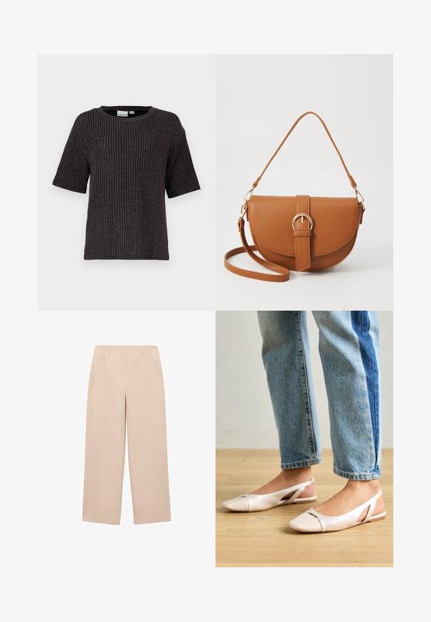 Svart ribbad kortärmad tröja med rundad halsringning, texturerad tyg och subtila metaltrådsdetaljer som är vävda genom hela plagget.; Beiga vida byxor gjorda av slät tyg, med en rak front och bältesöglor, utan synliga mönster eller dekorationer.; Ljust rosa slingback-lägenheter med spetsig tå, tillverkade av ett slätt läderliknande material. Har utskurna detaljer på sidorna och en platt häl.; Brun läder crossbody-väska med en böjd form, gyllene detaljer och en spänneaccent. Har en avtagbar axelrem.
