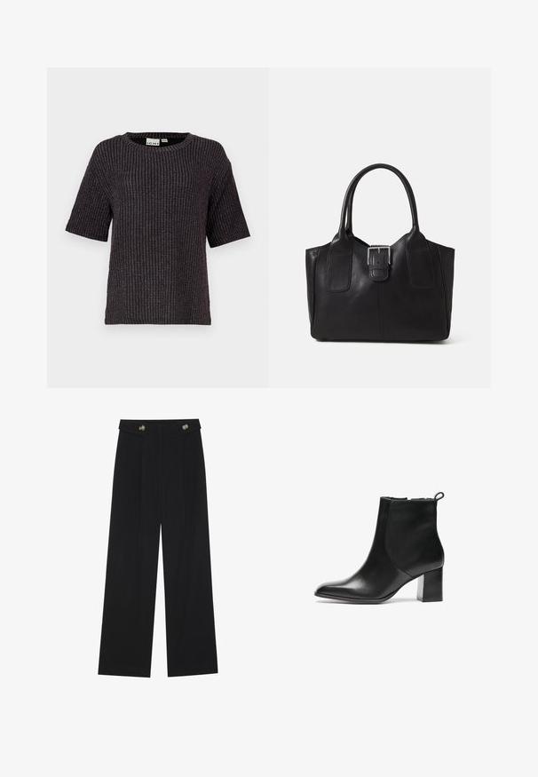 Μαύρο κοντομάνικο πουλόβερ με ριμπ ύφανση, που διαθέτει στρογγυλή λαιμόκοψη, υφασμάτινη υφή και διακριτές μεταλλικές κλωστές που είναι ενσωματωμένες σε όλη την επιφάνεια.; Μαύρο παντελόνι φόρμας σε φαρδιά γραμμή με ψηλή μέση, κουμπιά στη μέση και πλαϊνές τσέπες.; Μαύρη δερμάτινη μπότα μέχρι τον αστράγαλο με στρογγυλή μύτη, μεσαίου ύψους χοντρό τακούνι και ζωνάκι πίσω. Λείο υφή, μίνιμαλ σχεδίαση.; Μαύρη δερμάτινη τσάντα tote με λείο υφή, δομημένο σχήμα, δύο λαβές και επιφανές ασημένιο κούμπωμα μπροστά.