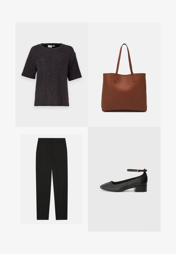 Czarny prążkowany sweter krótki rękawek z okrągłym dekoltem, teksturowanym materiałem i subtelnymi metalicznymi akcentami wplecionymi w całość.; Czarne spodnie o dopasowanym kroju, z bocznymi kieszeniami i prostą nogawką. Wykonane z gładkiego, lekkiego materiału o eleganckim wykończeniu.; Czarne skórzane szpilki z ostrym noskiem i niskim słupkowym obcasem. Wyposażone w pasek na kostkę z złotym zapięciem. Gładka tekstura.; Brązowa skórzana torba tote o gładkiej fakturze, z otwartym wierzchem i dwoma ramiączkami. Charakteryzuje się minimalnym przeszyciem i brakiem widocznych elementów metalowych.