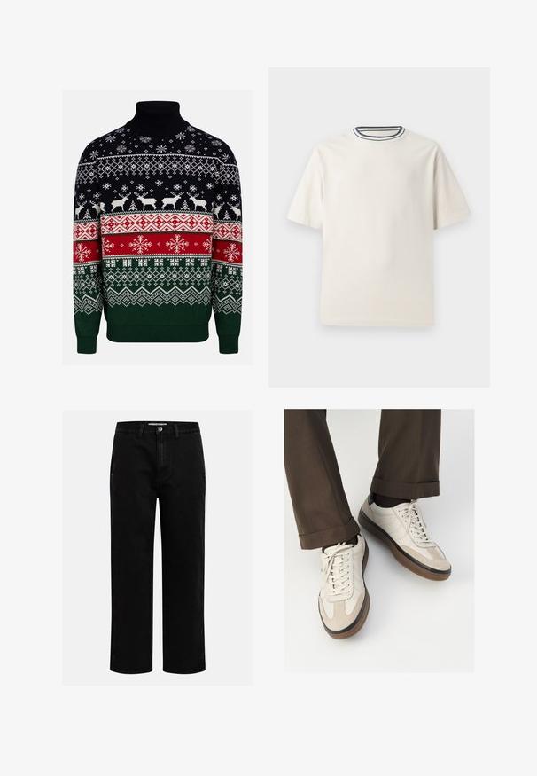 Spalvotas megztinis su aukštu kaklu. Yra geometrinių raštų, elnių motyvų mėlynos, žalios, raudonos ir baltos spalvų derinyje.; Kremo spalvos medvilninė marškinėlių su trumpomis rankovėmis, suapvalintu iškirpimu, puoštu tamsiai mėlynomis ir baltomis juostelėmis. Glotni tekstūra, laisvas sijonas.; Juodi džinsai su tiesiu kirpimu, klasikinio penkių kišenių dizainu ir mygtuko užsegimu juosmens zonoje. Lygus tekstūras ir patvari medžiaga.; Bežiniai sportbačiai su tekstūruotu zomšinės priekine dalimi, lygiomis odinėmis šoninėmis dalimis ir ruda guminėmis padais. Į komplektą įeina juostelės ir šviesūs siuvimo detalės.