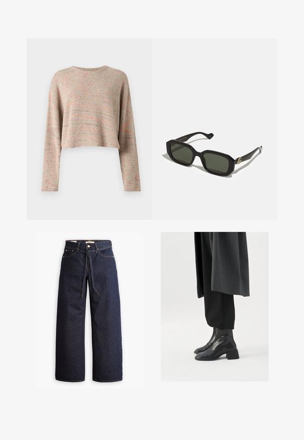 Lehký, cropped svetr v vícebarevném pletení s kulatým výstřihem a dlouhými rukávy. Měkká textura s jemným vzorem po celém povrchu.; Široké tmavě modré džíny se zvýšeným pasem, opatřené stahovací šňůrou, pěti kapsami a kontrastním prošíváním.; Černé kožené kotníkové boty se čtveratou špičkou a robustním podpatkem, nošené s volnými černými kalhotami a tmavě šedým kabátem. Hladký povrch.; Černé obdélníkové sluneční brýle s pevným zeleným sklem, s lesklým povrchem a zlatým logem na straně.