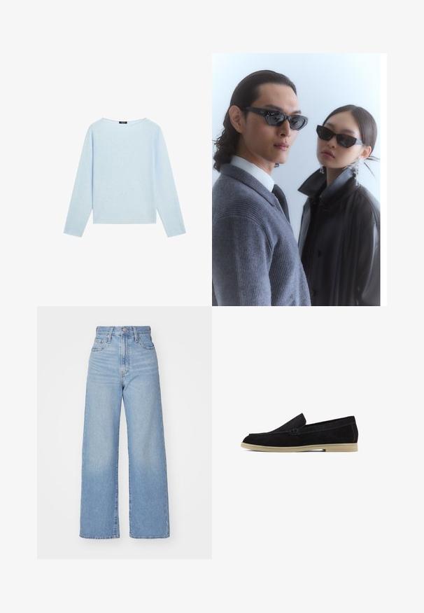 Maglione azzurro chiaro a maniche lunghe con scollo a barca largo e orlo dritto, esposto su uno sfondo bianco.; Jeans a vita alta blu chiaro con gamba larga, chiusura frontale con bottone e zip, tasche anteriori e posteriori, su uno sfondo bianco.; Mocassini in suede neri con suola piatta beige, caratterizzati da un design cucito e uno stile versatile da indossare facilmente, adatti per l'abbigliamento casual.; Occhiali da sole con montatura nera angolare indossati da un modello con un maglione grigio, che mette in mostra un tessuto a maglia testurizzato e una giacca di pelle nera indossata da un altro modello.