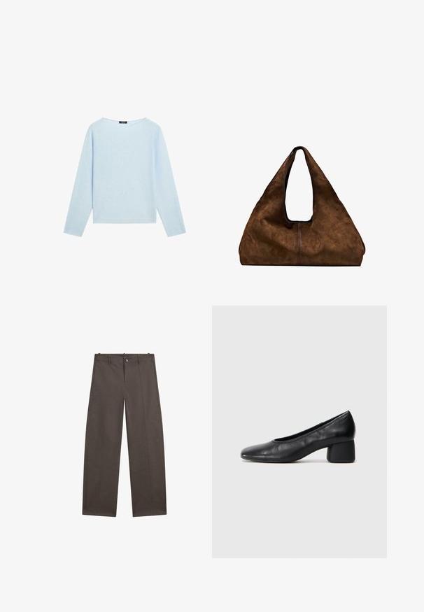 Lichtblauwe langemouwentrui met een brede bateauhals en een rechte zoom, weergegeven op een witte achtergrond.; Brede broek in donkerbruin stof. Heeft een knoopsluiting, twee voorzakken en een soepele textuur met nette naden.; Zwarte leren pump met een ronde neus en een middenblokhak. Glad textuur met minimale details, voorzien van een subtiele elastische opening.; Bruine suède schoudertas met een open bovenkant. Heeft een diepe, brede vorm, een uitsnijdend handvat en een minimale stiksels voor een strak ontwerp.