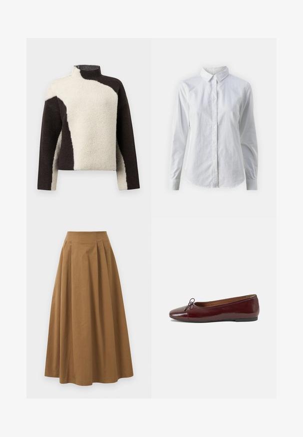 Pulover din fleece cu guler înalt, având un design colorat în blocuri de culoare maro închis și crem, prezentând o finisare moale și texturată.; Cămașă albă cu nasturi, confecționată din bumbac neted, având un guler clasic, mâneci lungi și un tiv curbat. Nasturii sunt mici și albi.; Fustă A-line din bumbac maro, cu talie înaltă, având pliseuri pe față și o textură netedă. Marginile sunt finisate curat și simplu.; Balerini din piele patent burgund cu vârful rotund, accent de fundiță mică în față și talpă joasă din cauciuc negru. Textură netedă.