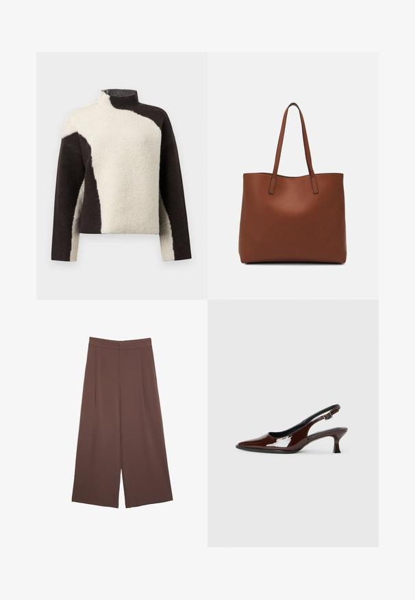 Fleece-Pullover mit hohem Kragen, ausgestattet mit einem Farbblock-Design in Dunkelbraun und Creme, das eine weiche, strukturierte Oberfläche zeigt.; Braune Weite-Leg-Hosen mit einer glatten Textur, hoher Taille und Vorderfalten. Der Stoff ist leicht und fällt locker.; Braune Lackleder-Slingback-Schuhe mit spitzer Zehe und moderatem Absatz. Mit einem Schnallenriemen für einen sicheren Sitz. Glatte Textur.; Braune Leder-Tote mit glatter Textur, offenem Oberteil und zwei Schulterriemen. Verfügt über minimale Nähte und keine sichtbaren Beschläge.