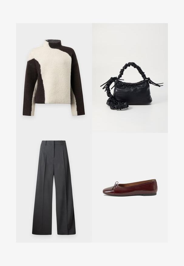 Sweater de fleece com gola alta, apresentando um design em blocos de cor em castanho escuro e creme, destacando um acabamento suave e texturizado.; Calças de perna larga em tecido cinza escuro, apresentando uma cintura alta, pregas simples e uma textura suave com um acabamento limpo nas bainhas.; Bailarinas em couro sintético borgonha com bico redondo, pequeno laço na frente e sola baixa em borracha preta. Textura suave.; Bolsa de mão em couro sintético preto com textura de crocodilo, topo franzido e alça enrugada. Apresenta um design suave e compacto.