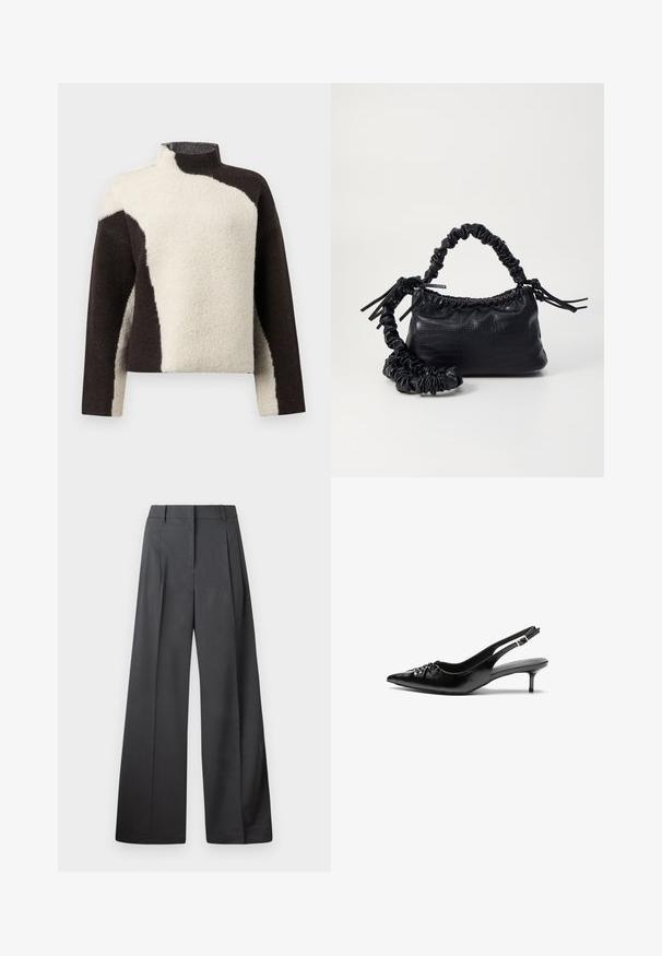 Fleecegenser med høy krage, med et fargeblokkert design i mørkebrunt og krem, som viser en myk, teksturert finish.; Vide bukser i mørkegrått stoff med høy livlinje, enkel press, og en glatt tekstur med en ren finish på ermekantene.; Sorte skinnert remsandaler med spiss tå, liten kittenhæl og en dekorativ knute detalj foran. Glatt tekstur gjennom hele.; Svart faux skinn-håndveske med krokodilletekstur, strammet topp og en rynket stropp. Ser myk og kompakt ut i designen.