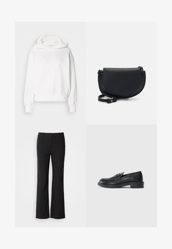 Biela mikina s kapucňou, oversized strih a rebrované manžety. Na prednej strane je vyrazené logo "Marc O'Polo". Mäkká textúra látky.; Čierne nohavice z bavlneného zmesového materiálu s rovnými nohavicami, predným zapínaním na gombík a dvoma bočnými vreckami. Hladká textúra, žiadne viditeľné vzory.; Čierne kožené mokasíny s okrúhlym špičkou, prešívanými detailmi a malým opätkom. Hladký povrch a flexibilná gumová podrážka.; Čierna kožená kabelka cez telo s zakriveným tvarom, magnetickým uzáverom na klapke, nastaviteľným popruhom a embosovaným logom na prednej strane.