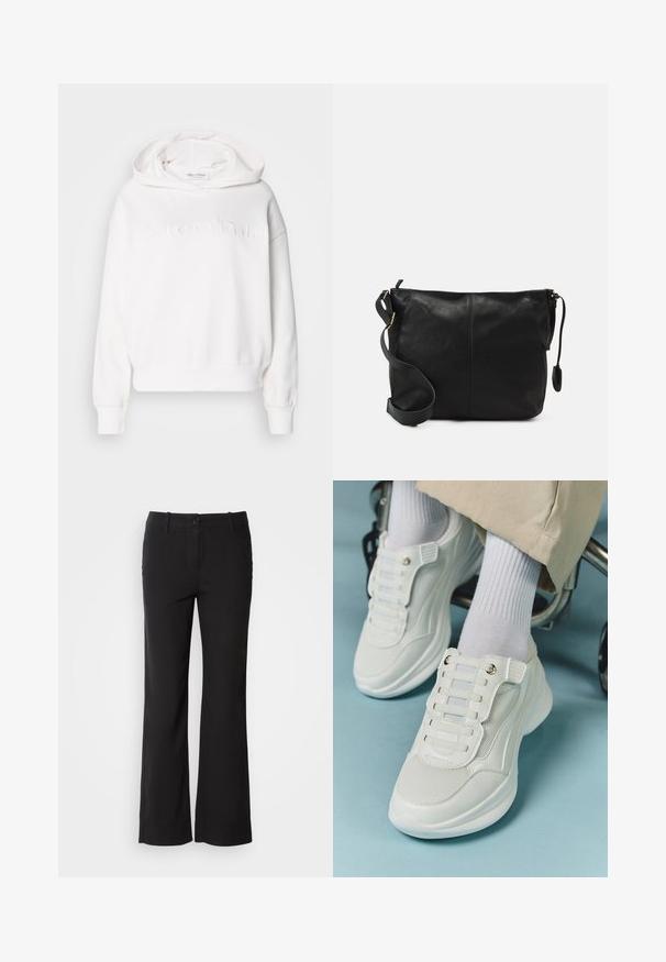 Bílá mikina s kapucí, oversized střih a žebrované manžety. Na přední straně má vypouklé logo "Marc O'Polo". Měkká textilie.; Černé kalhoty z bavlněné směsi se střihem rovného nohavice, se zapínáním na knoflík vpředu a dvěma bočními kapsami. Hladká textura, žádné viditelné vzory.; Bílé tenisky s materiálem z mešové tkaniny, gumovou podrážkou, bezšňůrovým designem s elastickými pásky a zlatými akcenty.; Černá kožená kabelka přes rameno s plochým tvarem, zlatými kovovými detaily a nastavitelným popruhem. Hladký povrch s minimem švů.