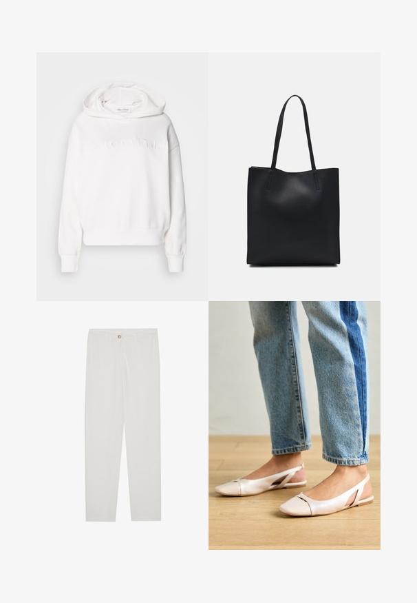 Fehér kapucnis pulóver, bő szabású, bordás mandzsettákkal. Az elején dombornyomott "Marc O'Polo" felirattal. Puha szövettextúra.; Fehér, testreszabott nadrág egyenes szárú szabással, gombos záródással, övcsatolókkal és oldalsó zsebekkel; sima textúrájú anyag.; Világos rózsaszín slingback laposlábú cipők, hegyes orral, sima bőrhatású anyagból készült. Oldalt kivágott részletek találhatók rajta, valamint lapos sarkú.; Fekete bőrtáska sima felszínnel, téglalap alakú, két hosszú füllel. Nincs látható fémkiegészítő vagy díszítés.