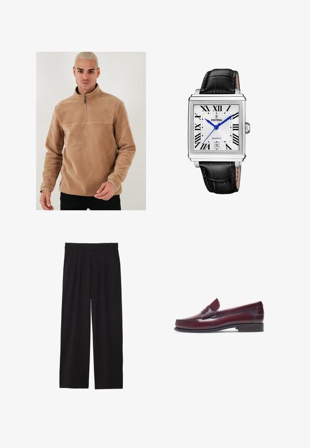 Tan fleece pullover met een half-rits kraag en lange mouwen. Heeft een gladde textuur en een effen kleur zonder patronen of accenten.; Zwarte wijde broek met geplooide voorkant, zijzakken en een gladde stoftextuur. Ontworpen voor een ontspannen pasvorm.; Bordeaux leren instapper met een ronde neus, gestikte details en een kleine decoratieve accent op de schacht. Platte, contrasterende zool.; Vierkante kwarts polshorloge met een witte wijzerplaat, blauwe wijzers, Romeinse cijfers, een datumaanduiding en een zwarte leren band met een gestructureerde afwerking.