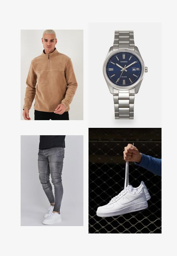 Tan fleece pullover met een half-rits kraag en lange mouwen. Heeft een gladde textuur en een effen kleur zonder patronen of accenten.; Skinny jeans in vervaagd grijs denim, met versleten details op de knieën, gecombineerd met witte sneakers. Gladde textuur, slank model.; Witte leren sneakers met perforaties, ronde neus, vlakke zool en dikke veters, met een zichtbare swoosh-logo en "AIR" op de hiel.; Zilveren roestvrijstalen horloge met een marineblauwe wijzerplaat, metalen uurmarkeringen en een datumnis op 3 uur. Waterbestendig tot 50 meter.