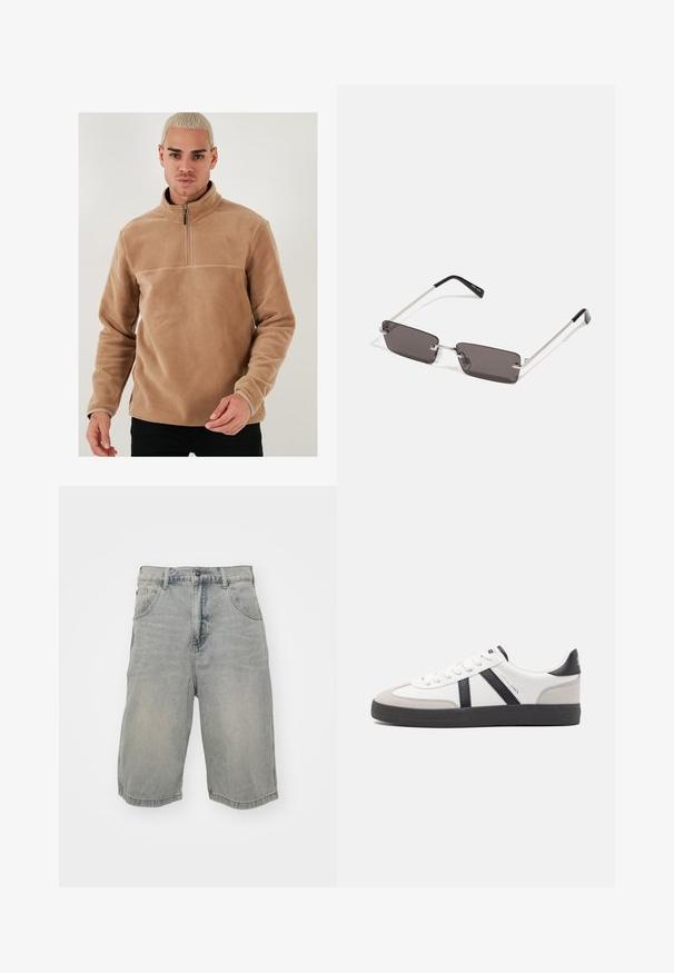 Tan fleece pullover met een half-rits kraag en lange mouwen. Heeft een gladde textuur en een effen kleur zonder patronen of accenten.; Lichtblauwe denim shorts met een relaxte fit, voorzien van vijf zakken, riemlussen en een vervaagde textuur. De zoom is opgerold en gestikt.; Witte sneaker met zwarte en grijze accenten, voorzien van een grijze neus met textuur, zwarte rubberen zool en platte witte veters. Schoon ontwerp, minimalistische stijl.; Zonnebril met rechthoekige, donkergrijze lenzen, zilveren metalen frames en zwarte kunststof uiteinden op de armen. Lichtgewicht ontwerp met neuspads.