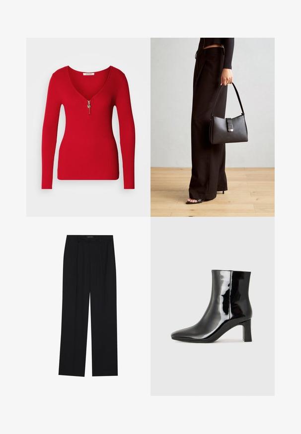 Top a maniche lunghe rosso a coste con scollatura a V profonda e un dettaglio in zip argentato davanti. Texture morbida, design aderente.; Pantaloni neri con un design a gamba dritta, dotati di due tasche frontali e di una vita. Realizzati in un tessuto morbido e leggero.; Stivaletto in pelle verniciata nera con punta a punta e tacco a blocco di altezza media. Texture liscia e design minimalista.; Borsa nera con forma strutturata, texture liscia e una chiusura metallica. Abbinata a pantaloni neri larghi e sandali open-toe su un pavimento in legno.