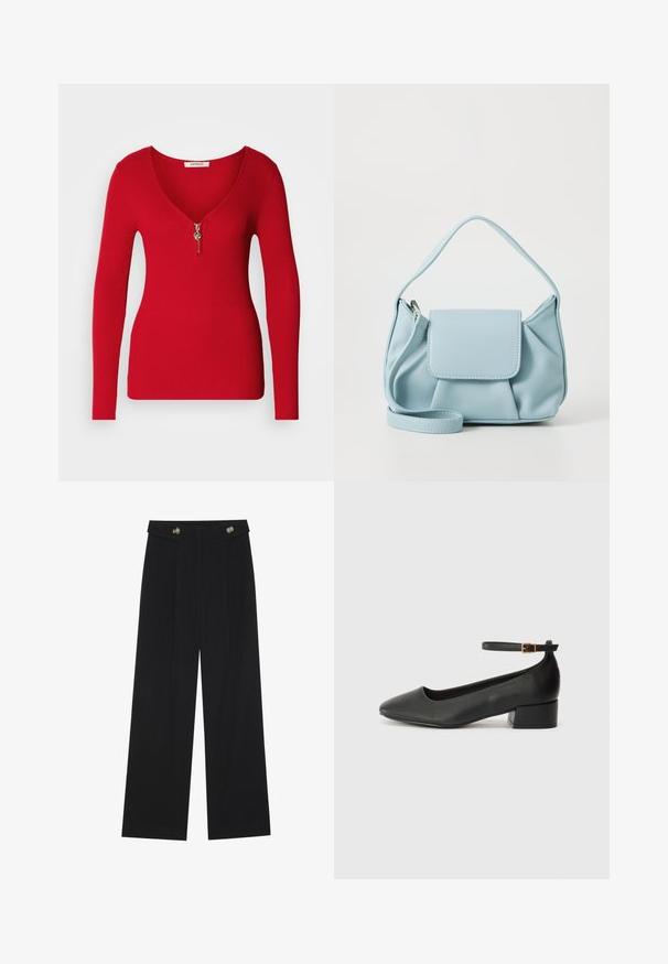 Raudonas ilgomis rankovėmis marškinėliai su giliu V-kaklu ir sidabriniu užtrauktuku priekyje. Minkšta tekstūra, prigludęs dizainas.; Juodi plačios kojos kelnės su aukštu liemeniu, sagų detalėmis ant liemens ir priekinėmis raukšlėmis.; Juodas odinis aukštakulnis batelis su smailiu pirštu ir žemu bloku. Su kulkšnies dirželiu su auksinės spalvos sagtimi. Lygus paviršius.; Šviesiai mėlynas odinis rankinės maišas su viršutiniu rankenėle, priekinė kišenė su užklotu ir nuimamu riešo dirželiu ant baltos fono.