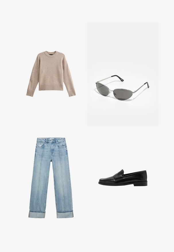 Beige gebreide trui met een ronde hals, ribgebreide mouwen en boord. De stof heeft een zachte textuur met een subtiel patroon. Ontspannen pasvorm.; Langarmige witte cropped t-shirt, gemaakt van zachte stof, heeft een ronde hals en een losse pasvorm met omgeslagen mouwen. Eenvoudig en strakke ontwerp.; Lichtblauwe denim wijde jeans met een hoge taille, voorzien van vijf zakken, zichtbare stiksels en opgerolde zomen bij de manchetten.; Mango Instappers - black; Zonnebril met een slank, zilveren metalen frame, grijs getinte lenzen en een aerodynamisch ontwerp met puntige randen en dunne pootjes.; Zwarte geweven schoudertas met twee stevige handvatten, met een glanzende textuur en een ruime open bovenkant.