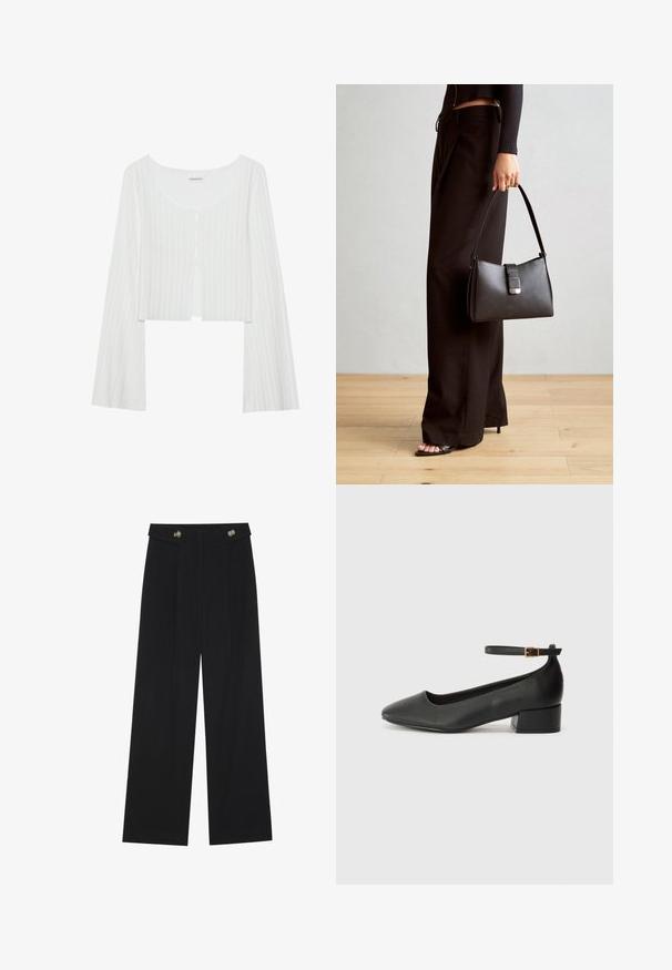 Λευκό, ριγωτό, cropped τοπ με στρογγυλή λαιμόκοψη, μακριά μανίκια και άνοιγμα με κουμπιά. Διαθέτει ελαφριά υφή και λεπτομέρεια με άνοιγμα μπροστά.; Μαύρο παντελόνι φόρμας σε φαρδιά γραμμή με ψηλή μέση, κουμπιά στη μέση και πλαϊνές τσέπες.; Μαύρο δερμάτινο τακούνι με μυτερή μύτη και χαμηλό τετράγωνο τακούνι. Διαθέτει λουράκι στον αστράγαλο με χρυσό τόνο πόρπη. Λείο υφή.; Μαύρη τσάντα χειρός με δομημένο σχήμα, λεία υφή και μεταλλικό κούμπωμα. Συνδυασμένη με φαρδιά μαύρα παντελόνια και σανδάλια ανοιχτής μύτης πάνω σε ξύλινο πάτωμα.