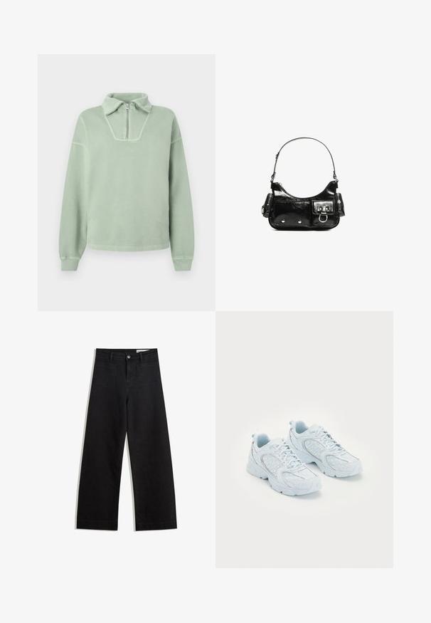 Zöld bolyhos pulóver negyed cipzáras gallérral, laza fazonnal, bordázott mandzsettákkal és sima textúrával. Széles, ívelt nyakvonal kialakítással rendelkezik.; Fekete, bő szabású farmernadrág magas derékkal, elülső és hátsó zsebekkel, varrott felületekkel és gombos záródással. Sima textúra.; Világoskék sportcipők hálós és szintetikus felsőrésszel, fehér pöttyökkel és fényvisszaverő elemekkel, fűzős kialakítással és párnázott talppal.; Fekete lakkbőr kézitáska ívelt formával, egy vállpánttal, elülső zsebekkel és ezüstszínű fémrészletekkel.