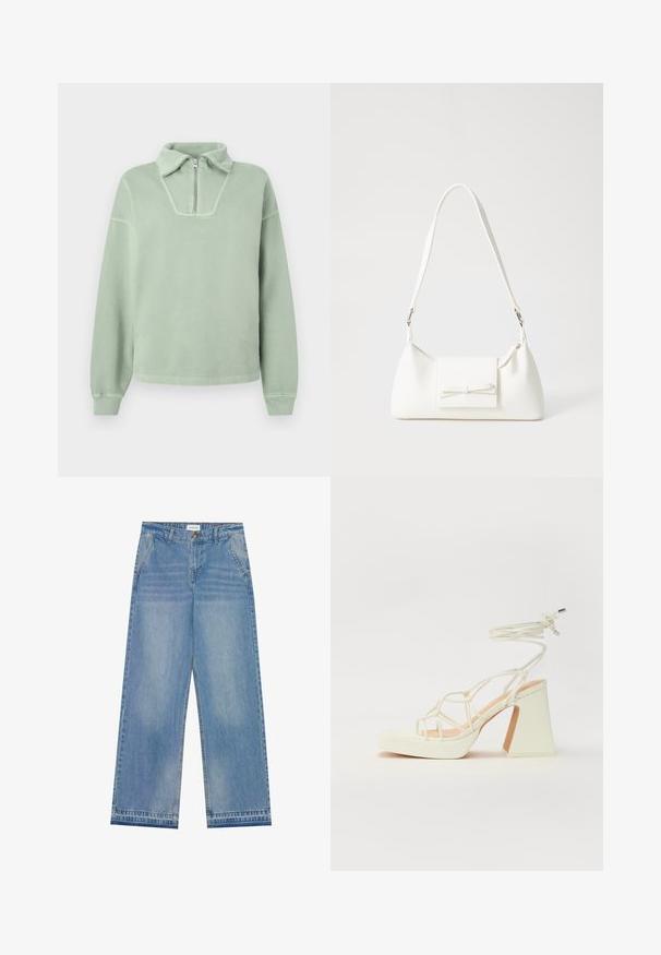 Pullover in pile verde con colletto a zip quarti, vestibilità rilassata, polsini a costine e una texture liscia. Presenta un ampio design del collo sagomato.; Jeans a vita alta di colore blu chiaro, con gamba larga, chiusura a bottone, tasche anteriori, passanti per cintura e delicate sfumature sbiadite.; Sandalo bianco con tacco alto, caratterizzato da un design a cinturini e un legaccio alla caviglia. Texture liscia con una piattaforma frontale per un'altezza aggiuntiva.; Borsa sintetica bianca a forma triangolare, con patta anteriore piatta e dettaglio a fiocco, tracolla regolabile, texture liscia e design minimalista.