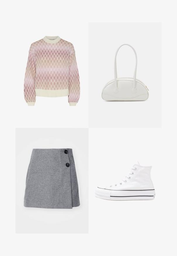Strikket genser med rund hals, med et gradientmønster i myke rosa og beige nyanser, og ribbestrikkede mansjetter og kant.; Grå ullskjørt med innpakket design, med to svarte knapper på siden og en teksturert overflate.; Hvit høy-skinn kanvas sneakers med svart gummisåle, gummitåhette foran og seks hull for snorer, med et rent, minimalistisk design.; Even&Odd Håndveske - off-white