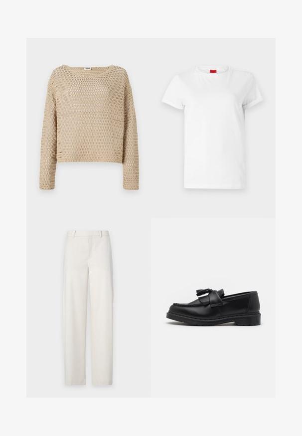 Beige knitted sweater with a loose fit, featuring a textured open weave design, round neckline, and long sleeves.; White short-sleeve t-shirt made of lightweight cotton. Features a round neckline and rolled sleeves. Red logo tag on the collar.; Light beige trousers made of a smooth fabric, featuring a straight cut, flat front, belt loops, and side pockets.; Black leather loafer featuring a tasseled accent, stitched detailing along the edge, and a thick rubber sole for durability.