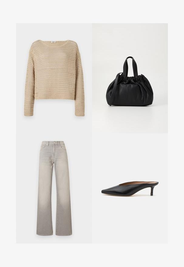 Pullover tricotat bej, cu o croială lejeră, având un design texturat cu plasă deschisă, guler rotund și mâneci lungi.; Jeans largi gri cu un finisaj decolorat, închidere cu buton, design cu cinci buzunare și detalii cusute pe cusături.; Mule-uri negre din piele cu vârf ascuțit și tocul mic, pătrat. Textură netedă cu un design elegant. Spate deschis cu detalii minime.; Geantă de mână din piele neagră cu un design cu partea superioară plisată, având două mânere scurte și o curea lungă ajustabilă. Textură netedă, formă rotunjită.