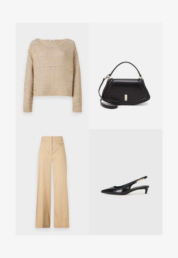 Beige kötött pulóver, laza fazonnal, texturált nyitott szövésű dizájnnal, kerek nyakkivágással és hosszú ujjakkal.; Beige színű, bővülő lábú nadrág kevert pamut anyagból. Simás textúrával, elasztikus derékpánttal és oldalsó gombos díszítéssel rendelkezik.; Fekete bőr slingback magassarkúk, hegyes orral, vékony sarkakkal és arany színű részlettel a állítható pánton. Simа felület.; Fekete bőr kézitáska, strukturált dizájnnal, rövidített formával, felső fogantyúval és arany színű kiegészítőkkel. Állítható vállpánt is tartozik hozzá.