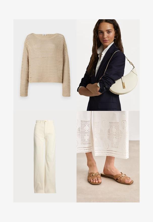 Beige gebreide trui met een losse pasvorm, voorzien van een gestructureerd open geweven ontwerp, ronde halslijn en lange mouwen.; Polo Ralph Lauren COTTON CORDUROY WIDE-LEG PANT - Broek - warm white; Bruine slide sandalen met een platte zool, voorzien van kruislings banden en een metalen gesp detail. Draagt met een witte geborduurde rok.; Witte leren handtas met een ronde vorm, gouden details en een gestructureerde afwerking, gedragen over een donkere blazer en een wit shirt.