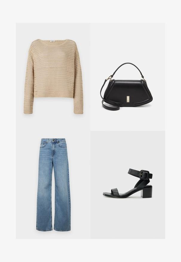 Bež pletena jopica ohlapnega kroja, z teksturiranim odprtim tkanjem, okroglim izrezom in dolgimi rokavi.; Svijetloplave široke traperice s visokim strukom, prednjim džepovima i klasičnim dizajnom s pet džepova, uz blagu izblijedjelost.; Črne usnjene sandale na visoki peti z nastavljivim gležnjanjem, odprto obliko spredaj in kvadratno blok peto. Gladka tekstura, minimalističen slog.; Črna usnjena torbica s strukturnim dizajnom, ki ima skrajšano obliko, zgornji ročaj in zlate dodatke. Vključena je nastavljiva ramenska naramnica.