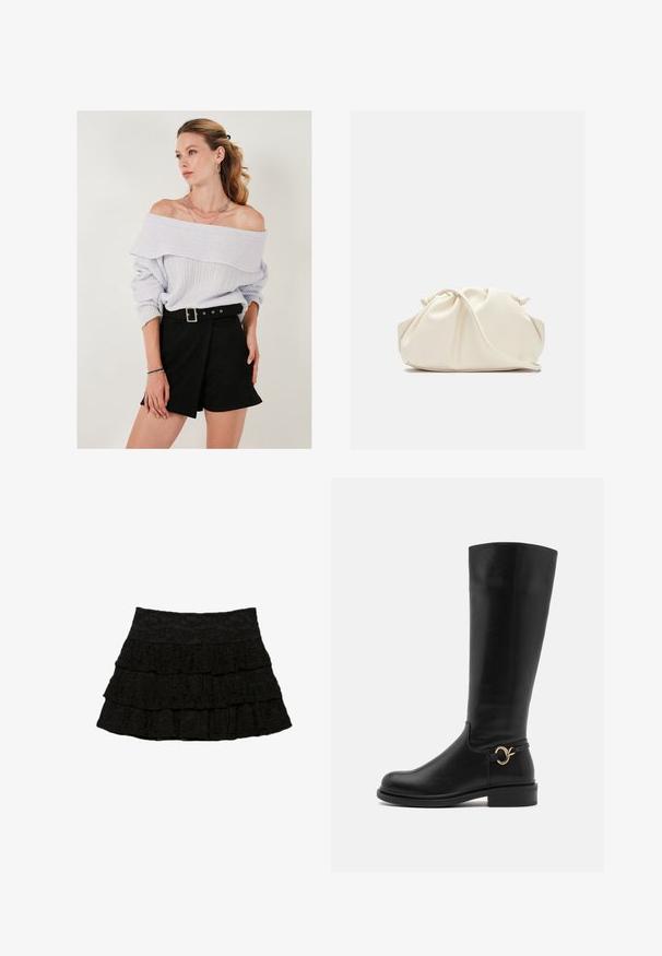 Hellblauer, schulterfreier Pullover mit geripptem Muster, kombiniert mit hochgeschnittenen schwarzen Shorts mit einem Gürtel mit Schnalle.; Schwarzer, gestufter Rock mit drei Lagen Rüschen und einem strukturierten Blumenmuster. Elastischer Bund für Komfort und Passform.; Anna Field Wide Fit Stiefel - black; Cremfarbener, weicher Kunstlederbeutel mit gerafftem Design, verstellbarem Schultergurt und subtiler Kordelzug-Verschluss. Glatte Textur und runde Form.; Silberne Tropfohrringe mit abgerundeten, reflektierenden Oberflächen; minimalistisches Design mit glatter Textur und subtilen Brandingdetails.