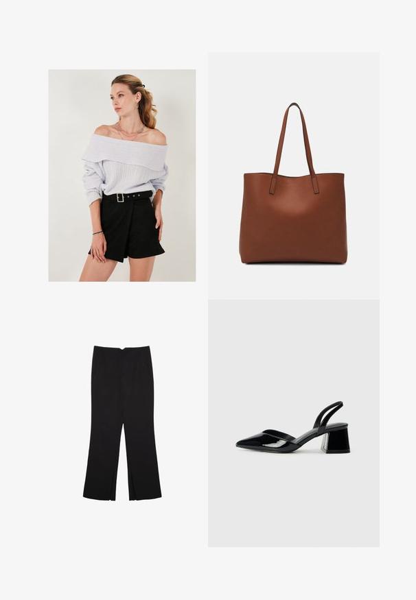 Maglione viola chiaro fuori spalla con texture a coste, abbinato a pantaloni shorts neri a vita alta con dettaglio della cintura a fibbia.; Pantaloni neri a gamba dritta, con tasche frontali e spacchi laterali all'orlo. Realizzati in tessuto morbido e liscio. Adatti a diverse occasioni.; Décolleté in vernice nera con punta affusolata e tacco in geometria cubica. Presentano un design elegante e minimalista, con una texture liscia.; Borsa tote in pelle marrone con texture liscia, design con apertura superiore e due spallacci. Presenta cuciture minime e nessun hardware visibile.