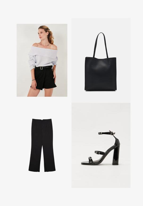 Svijetloljubičasti džemper s otkrivenim ramenima i rebrastom teksturom, uparen s crnim šortsevima visokog struka s detaljem remena na kopču.; Crne hlače ravnog kroja, s prednjim džepovima i bočnim prorezima na rubu. Izrađene od mekog i glatkog materijala. Pogodne za razne prigode.; Crne lakirane sandale na visoku petu s dva remena s kopčama, kvadratnim vrhom i masivnom blok petom, s glatkom, sjajnom teksturom.; Crna kožna torba za nošenje s glatkom teksturom, pravokutnim oblikom i dvije duge ručke. Nema vidljivih metalnih dijelova ili ukrasa.