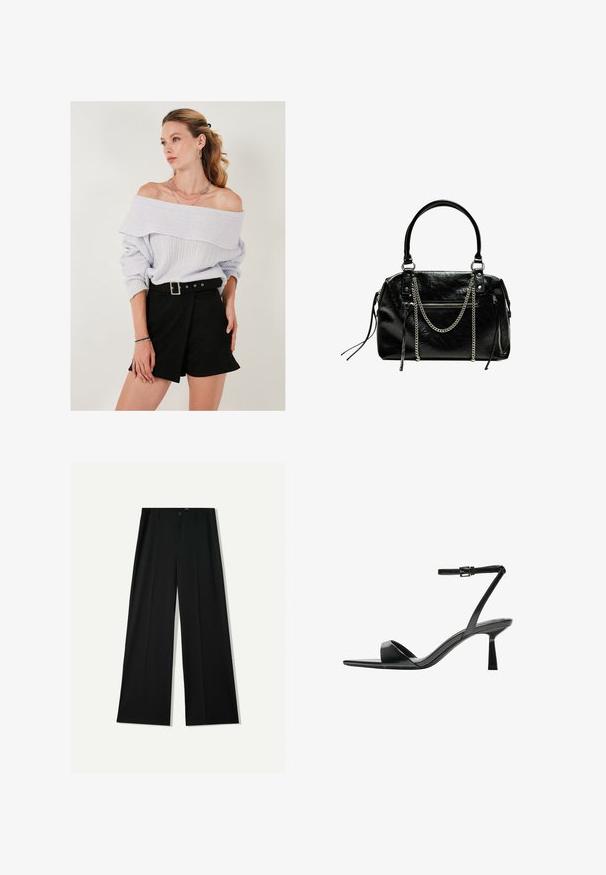 Pulover liliachiu deschis, cu umerii la vedere, cu textură canelată, asortat cu pantaloni scurți negri cu talie înaltă, ce au un detaliu cu cataramă.; Bershka WIDE - Pantaloni - black; Bershka Sandale cu toc - black; Bershka WITH CHAIN - Geantă de mână - black