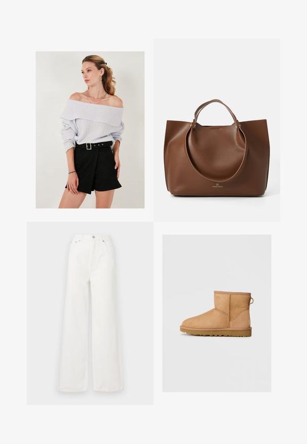 Gaiši violeta off-the-shoulder džemperis ar ribotām tekstūrām, kombinēts ar augsto jostasvietu melniem šortiem, kas rotāti ar sprādzi.; Baltās augstās platā džinsu bikses, kas izgatavotas no denima. Tām ir priekšējās kabatas, pogu aizdare un plīsumi apakšmalā.; Tan zābaki līdz potītei ar apaļu purngalu, ar izšūtiem rakstiem, ar cilpu aizmugurē un strukturētu gumijas zoli. Izstrādāti komfortam un siltumam.; Brūna ādas somiņa ar gludu tekstūru, lielām apaļām rokturiem, minimālisma dizains un logotips iepresēts apakšā.