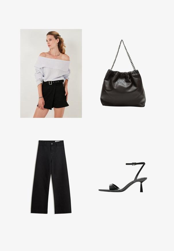Svetlo vijoličast pulover brez naramnic z rebrasto teksturo, v kombinaciji z črnimi kratkimi hlačami visoko pasu, ki imajo podrobnost s sponko.; Črne široke denim hlače z visokim pasom, ki imajo sprednje in zadnje žepe, šivane šive ter gumbasto zapiranje. Gladka tekstura.; Bershka Sandali z visoko peto - black; Rjava usnjena torba z nabranim vrhom in verižnim trakom. Gladka tekstura z sijajno površino in subtilnimi šivi na straneh.